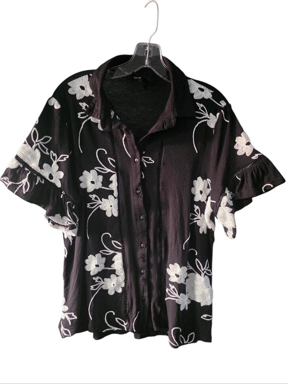 Liv Los Angeles Black Blouse With White Floral Embroidery Size Medium